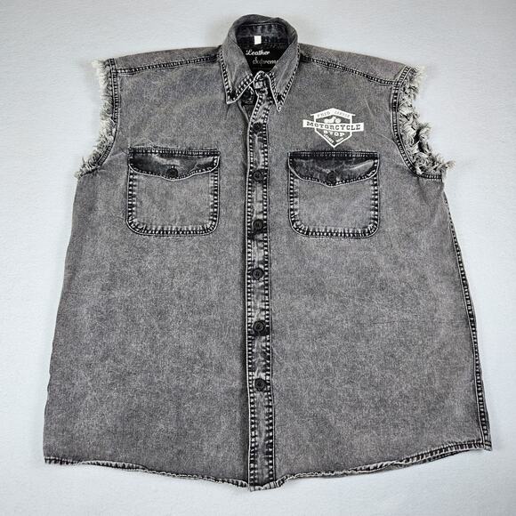 Y2K Denim Biker Vest Frio Canyon Motorcycle Texas Three Twisted Sisters Frayed L - Picture 2 of 10